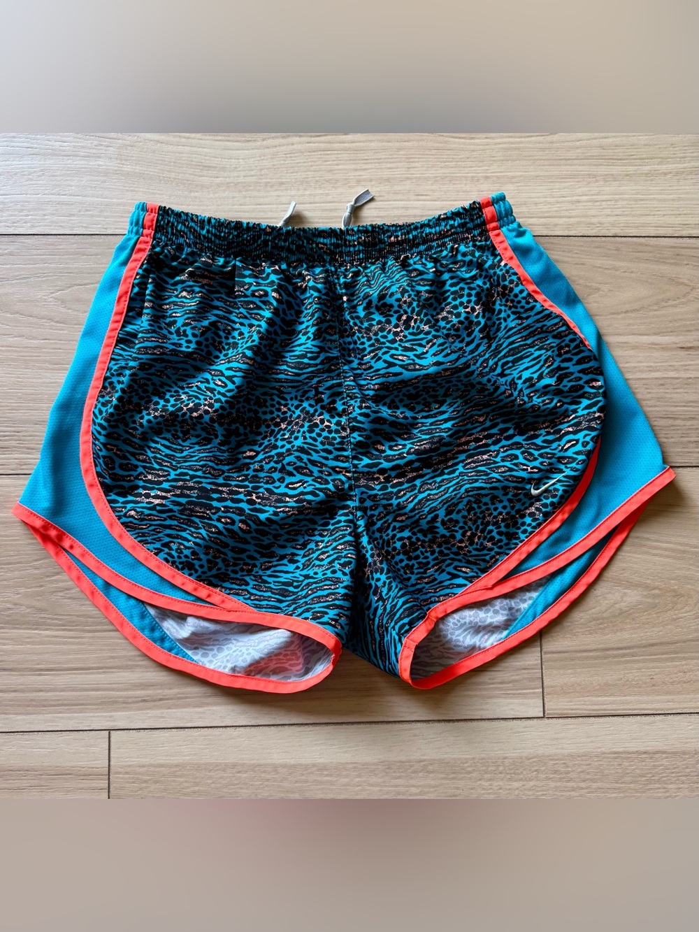 Nike Women's Teal Animal-Print Running Shorts with Coral Trim